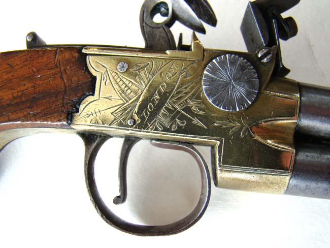 A fine pair of Henry Nock double barrel brass frame flintlock pocket pistols circa 1775-1785